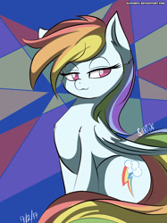 Size: 1280x1707 | Tagged: safe, artist:alesarox, derpibooru import, rainbow dash, pegasus, pony, signature, sitting, solo