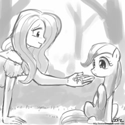 Size: 850x850 | Tagged: safe, artist:johnjoseco, fluttershy, human, pony, grayscale, human ponidox, humanized, monochrome