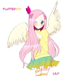 Size: 700x854 | Tagged: safe, artist:angelily-tan, fluttershy, clothes, humanized, skirt, socks, solo, striped socks