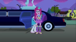 Size: 1100x618 | Tagged: safe, derpibooru import, screencap, pinkie pie, rainbow dash, rarity, equestria girls, equestria girls (movie), balloon, boots, bracelet, fall formal outfits, hat, high heel boots, jewelry, limousine, mountain, statue, top hat, tree