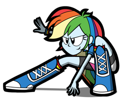 Size: 1353x1092 | Tagged: safe, artist:kingtoby19, derpibooru import, rainbow dash, equestria girls, boots, clothes, compression shorts, multicolored hair, simple background, skirt, smiling, socks, solo, superhero landing, transparent background, wristband