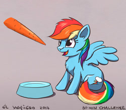 Size: 800x697 | Tagged: safe, artist:el-yeguero, derpibooru import, rainbow dash, pegasus, pony, behaving like a dog, carrot, chest fluff, food, open mouth, sitting, solo