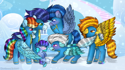 Size: 1024x569 | Tagged: safe, artist:northlights8, derpibooru import, fleetfoot, rainbow dash, soarin', spitfire, wave chill, oc, pegasus, pony, biting, blushing, female, male, offspring, parent:rainbow dash, parent:soarin', parents:soarindash, shipping, soarindash, straight, tail bite