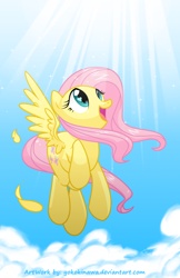 Size: 770x1190 | Tagged: safe, artist:yokokinawa, fluttershy, pegasus, pony, cloud, cloudy, flying, solo