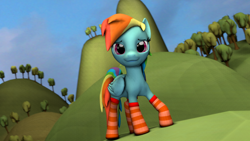 Size: 1024x576 | Tagged: safe, artist:yellencandy, derpibooru import, rainbow dash, pegasus, pony, 3d, clothes, hill, smiling, socks, solo, source filmmaker, striped socks, tree