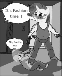 Size: 361x440 | Tagged: safe, rainbow dash, rarity, barely pony related, belly button, comic, fashion, goofy time, grayscale, monochrome, rainbow dash always dresses in style, rarity's glasses