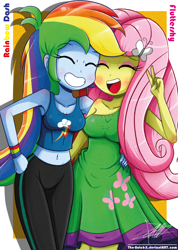 Size: 942x1322 | Tagged: safe, artist:the-butch-x, fluttershy, rainbow dash, equestria girls, armpits, belly button, clothes, dress, female, flutterdash, friendshipping, hand on hip, lesbian, midriff, nail polish, shipping, tanktop