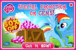 Size: 838x556 | Tagged: safe, rainbow dash, pegasus, pony, advertisement, gameloft, gem, my little pony logo, official, solo