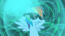 Size: 1920x1080 | Tagged: safe, artist:penguinsn1fan, artist:rainbowcrab, derpibooru import, rainbow dash, pegasus, pony, arm behind head, circle, glow, relaxing, solo, sunglasses, vector, wallpaper