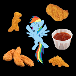 Size: 400x400 | Tagged: safe, derpibooru import, rainbow dash, pegasus, pony, black background, chicken nugget, eyes closed, female, food, happy, ketchup, mare, open mouth, sauce, simple background, solo