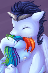 Size: 2000x3000 | Tagged: safe, artist:chiweee, rainbow dash, soarin', pegasus, pony, fanfic:piercing the heavens, crying, cuddling, eyes closed, fake horn, fanfic, fanfic art, female, horn, hug, male, sad, shipping, snuggling, soarindash, straight