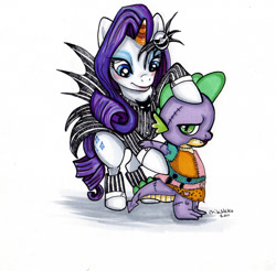 Size: 900x887 | Tagged: safe, artist:segdavinci, rarity, spike, dragon, pony, unicorn, crossdressing, crossover, female, male, parody, shipping, sparity, straight, the nightmare before christmas, tim burton, traditional art