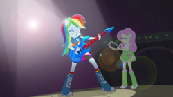 Size: 1920x1080 | Tagged: safe, screencap, fluttershy, rainbow dash, equestria girls, rainbow rocks, boots, clothes, electric guitar, guitar, high heel boots, lens flare, musical instrument, pony ears, skirt, socks, tambourine