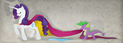 Size: 1600x570 | Tagged: safe, artist:yuralria, rarity, spike, dragon, pony, unicorn, duo, female, male, mare, white coat