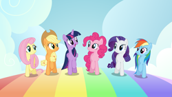 Size: 6001x3376 | Tagged: safe, artist:deratrox, derpibooru import, applejack, fluttershy, pinkie pie, rainbow dash, rarity, twilight sparkle, twilight sparkle (alicorn), alicorn, earth pony, pegasus, pony, unicorn, all bottled up, .ai available, .svg available, absurd resolution, best friends until the end of time, cute, eye contact, female, happy, looking at each other, mane six, mare, open mouth, rainbow, rainbow road, raised hoof, simple background, smiling, trotting, vector, wallpaper