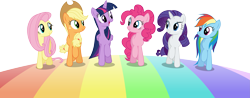 Size: 6001x2355 | Tagged: safe, artist:deratrox, derpibooru import, applejack, fluttershy, pinkie pie, rainbow dash, rarity, twilight sparkle, twilight sparkle (alicorn), alicorn, earth pony, pegasus, pony, unicorn, all bottled up, .ai available, .svg available, absurd resolution, best friends until the end of time, cute, eye contact, female, happy, looking at each other, mane six, mare, open mouth, rainbow, rainbow road, raised hoof, simple background, smiling, transparent background, trotting, vector