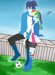 Size: 1105x1509 | Tagged: safe, artist:liniitadash23, derpibooru import, rainbow dash, soarin', equestria girls, boots, clothes, compression shorts, cute, female, football, grass, hand in pocket, jacket, male, shipping, shorts, skirt, soarindash, socks, straight