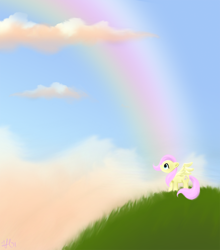 Size: 1200x1361 | Tagged: safe, artist:macflash2, fluttershy, pegasus, pony, female, grass, looking up, mare, outdoors, profile, rainbow, sky, solo, spread wings, wings