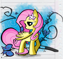 Size: 1145x1064 | Tagged: dead source, safe, artist:dagmlp, fluttershy, butterfly, pegasus, pony, abstract background, female, flower, flower in hair, head turn, looking at something, mare, one wing out, sitting on wing, smiling, solo, three quarter view, wings