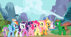 Size: 2402x1256 | Tagged: safe, derpibooru import, applejack, fluttershy, pinkie pie, rainbow dash, rarity, twilight sparkle, oc, oc:ian, earth pony, pegasus, pony, unicorn, mane six, origins