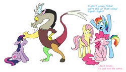 Size: 1200x686 | Tagged: safe, artist:cartoonlion, derpibooru import, discord, fluttershy, pinkie pie, rainbow dash, twilight sparkle, earth pony, pegasus, pony, missing horn, wingless