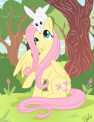 Size: 1300x1677 | Tagged: safe, artist:dawnallies, angel bunny, fluttershy, pegasus, pony, angelbetes, cute, looking at each other, pet, riding on head, shyabetes