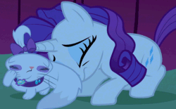 Size: 748x463 | Tagged: safe, screencap, opalescence, rarity, cat, pony, unicorn, suited for success, animated, cropped, crouching, cute, eyes closed, female, frown, loop, mare, marshmelodrama, messy mane, opalbetes, open mouth, prone, raised paw, raribetes, scared, shivering, trembling