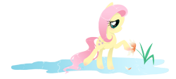 Size: 1996x900 | Tagged: safe, artist:steffy-beff, fluttershy, pegasus, pony, female, flower, folded wings, looking at something, mare, profile, raised hoof, reaching, simple background, solo, transparent background, water, wings