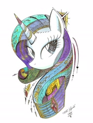 Size: 1838x2434 | Tagged: safe, artist:escagorouge, rarity, pony, unicorn, female, horn, mare, multicolored mane, solo, traditional art, white coat