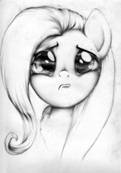 Size: 1280x1815 | Tagged: safe, artist:carlotta-guidicelli, fluttershy, pegasus, pony, bust, crying, frown, grayscale, looking at you, monochrome, pencil drawing, portrait, pouting, sad, solo, traditional art