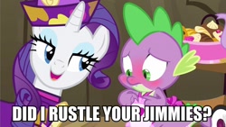 Size: 960x540 | Tagged: safe, edit, edited screencap, screencap, rarity, spike, dragon, pony, unicorn, dragon quest, blushing, caption, female, image macro, jimmies, male, meme, rarity's bad pickup lines, rustled my jimmies, shipping, sparity, straight