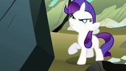 Size: 1264x711 | Tagged: safe, screencap, rarity, pony, unicorn, blank flank, destiny rock, filly, foal, scrunchy face