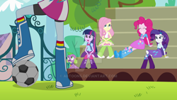 Size: 1024x576 | Tagged: safe, derpibooru import, screencap, fluttershy, pinkie pie, rainbow dash, rarity, spike, twilight sparkle, dog, equestria girls, equestria girls (movie), backpack, balloon, bleachers, boots, bowtie, bracelet, clothes, compression shorts, eyes closed, fence, football, high heel boots, jewelry, leg warmers, mountain, raised leg, rear view, shorts, skirt, smiling, socks, spike the dog, tree, watermark