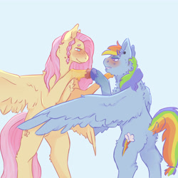 Size: 5000x5000 | Tagged: safe, artist:alexmoonbeam, artist:caninegalactic, derpibooru import, fluttershy, rainbow dash, pegasus, pony, absurd resolution, beanbrows, blushing, eyebrows, female, flutterdash, lesbian, shipping