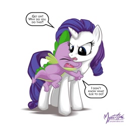 Size: 878x878 | Tagged: safe, artist:mysticalpha, rarity, spike, dragon, pony, unicorn, female, horn, hug, male, mare