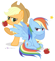 Size: 650x725 | Tagged: safe, artist:dm29, derpibooru import, applejack, rainbow dash, earth pony, pegasus, pony, apple, duo, simple background, transparent background