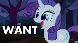 Size: 1920x1080 | Tagged: safe, rarity, pony, unicorn, caption, happy, one word, smiling, want