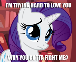 Size: 530x432 | Tagged: safe, rarity, pony, unicorn, artifact, caption, female, horn, mare, sad face, solo