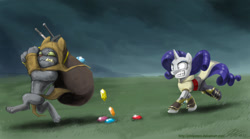 Size: 1600x889 | Tagged: safe, artist:johnjoseco, rarity, rover, diamond dog, pony, unicorn, crossover, diablo 3, nigga stole my bike, parody, rupee, treasure goblin