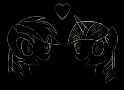 Size: 886x644 | Tagged: safe, artist:celysus, rainbow dash, twilight sparkle, pegasus, pony, female, heart, lesbian, monochrome, shipping, twidash