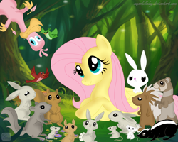 Size: 1280x1024 | Tagged: safe, artist:swanlullaby, angel bunny, fluttershy, philomena, pegasus, pony, female, mare