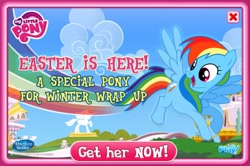 Size: 838x556 | Tagged: safe, rainbow dash, pegasus, pony, advertisement, easter, gameloft, holiday, my little pony logo, official, solo