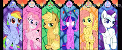 Size: 6000x2480 | Tagged: safe, artist:kumikoponylk, derpibooru exclusive, derpibooru import, applejack, fluttershy, pinkie pie, rainbow dash, rarity, twilight sparkle, twilight sparkle (alicorn), alicorn, earth pony, pegasus, pony, unicorn, absurd resolution, cute, mane six