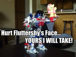 Size: 900x675 | Tagged: safe, artist:autoknight01, fluttershy, pony, brushable, give me your face, irl, optimus prime, photo, toy, transformers