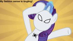 Size: 640x360 | Tagged: safe, rarity, pony, unicorn, female, horn, mare, spider-man, white coat