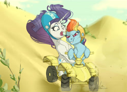 Size: 7014x5100 | Tagged: safe, artist:flita, derpibooru import, rainbow dash, rarity, pegasus, pony, unicorn, absurd resolution, atv, commission, helmet, offroading, riding, scared, smiling, smirk, vehicle