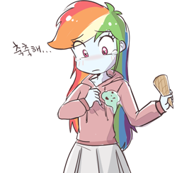 Size: 1024x1000 | Tagged: safe, artist:haden-2375, derpibooru import, rainbow dash, equestria girls, clothes, crying, cute, dropped ice cream, food, hoodie, ice cream, ice cream cone, korean, moe, sad, simple background, skirt, solo, sweater, translated in the comments, white background