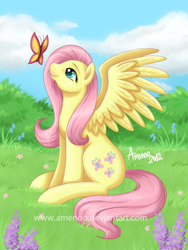 Size: 400x533 | Tagged: safe, artist:amenoo, fluttershy, butterfly, pegasus, pony, female, grass, looking at something, looking up, mare, outdoors, profile, sitting, sky, smiling, solo, spread wings, wings