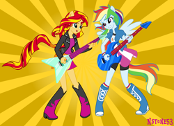 Size: 5327x3883 | Tagged: safe, artist:nstone53, rainbow dash, sunset shimmer, equestria girls, rainbow rocks, eared humanization, guitar, humanized, ponied up, winged humanization