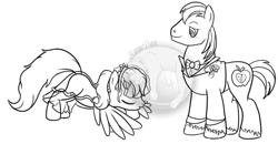 Size: 664x346 | Tagged: safe, artist:karmadash, big macintosh, rainbow dash, earth pony, pegasus, pony, alternate hairstyle, bowtie, clothes, fanfic art, flower, headcanon, lineart, male, monochrome, rainbow dash always dresses in style, rainbowmac, shipping, sketch, stallion, straight, suit, wedding, wip